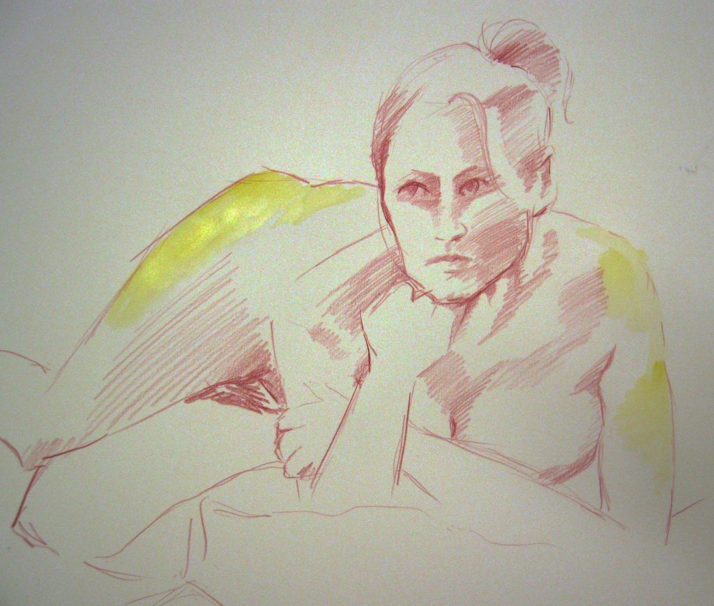life drawing class, near me, merseyside, southport. Study of a female figure done in the life class, using coloured pencils